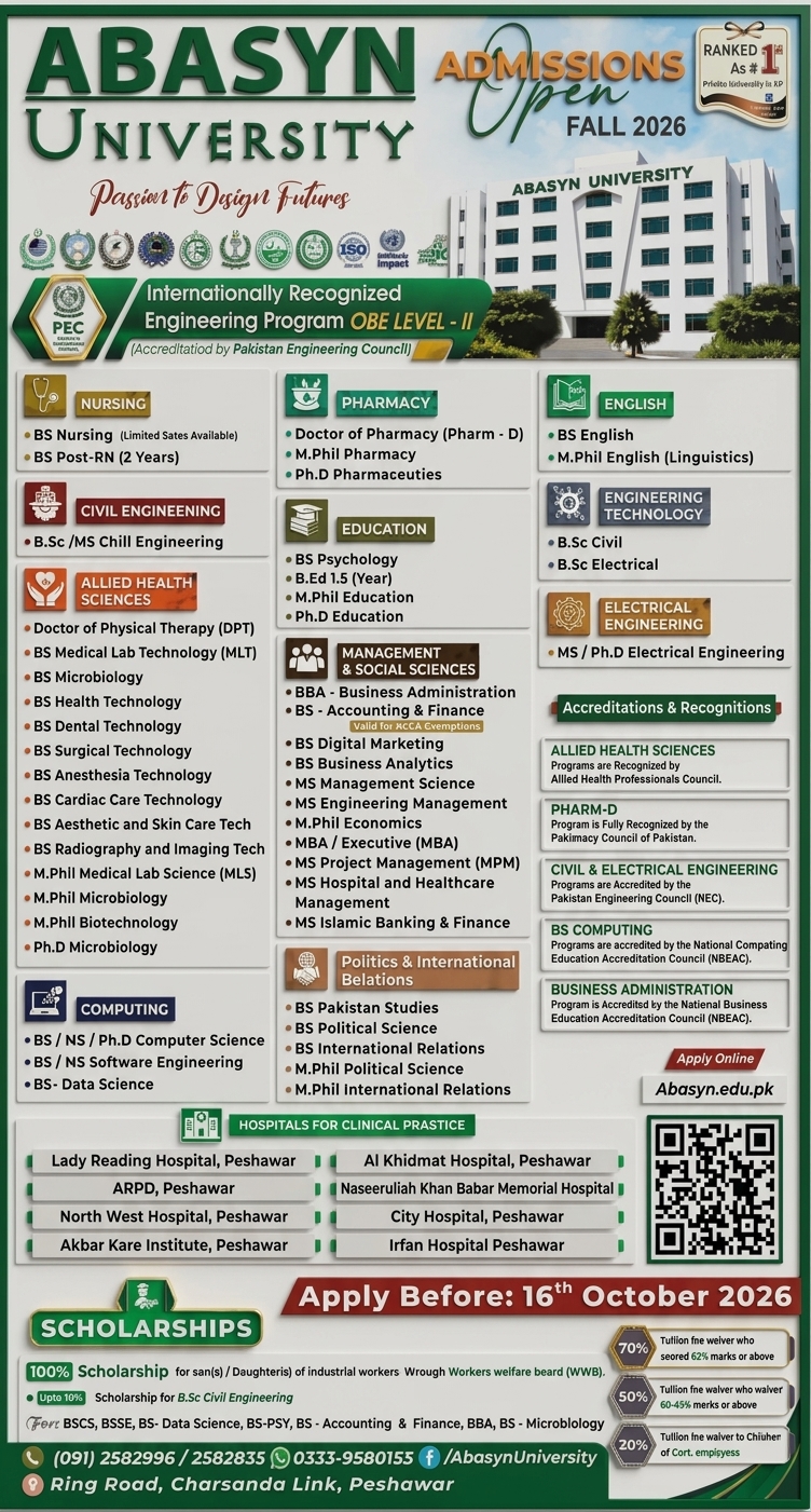 Admission notice for Abasyn University Peshawar